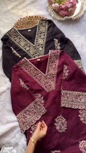 Embroidered Cotton Blend V-Neck Straight Kurta Set