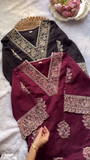 Embroidered Cotton Blend V-Neck Straight Kurta Set