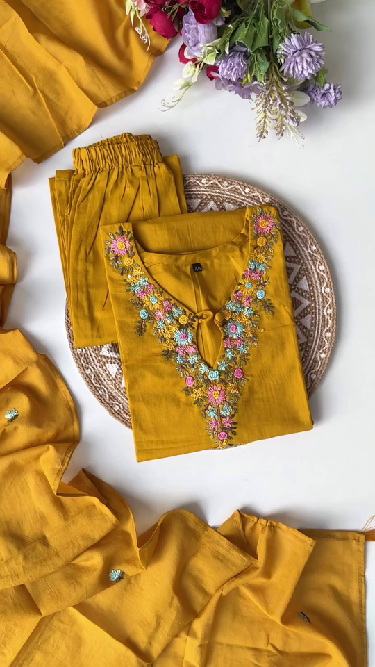 Mustard Yellow Embroidered Kurta Set