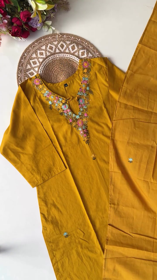Mustard Yellow Embroidered Kurta Set
