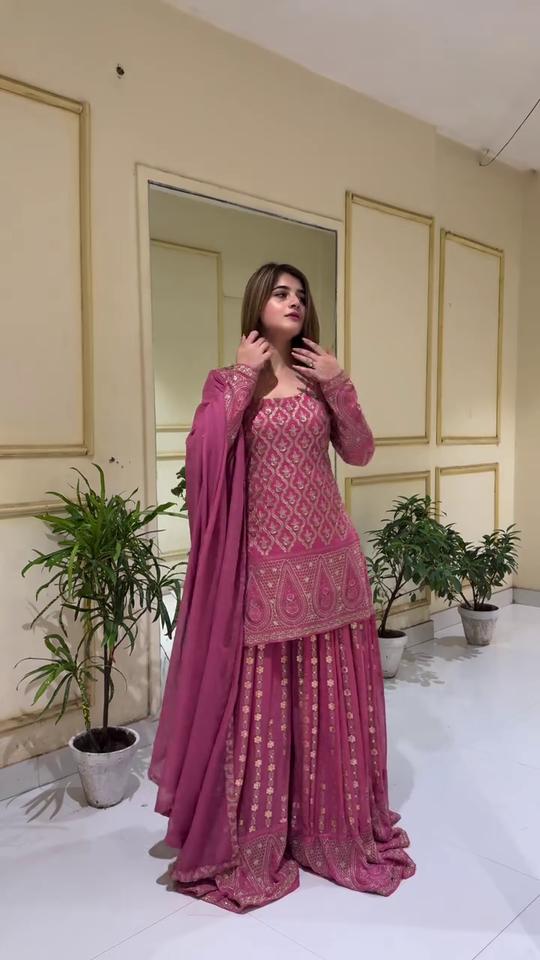 Elegant Mauve Sharara Suit Set with Heavy Embroidered Kurti, Intricate Zari and Sequin Work, and Matching Dupatta