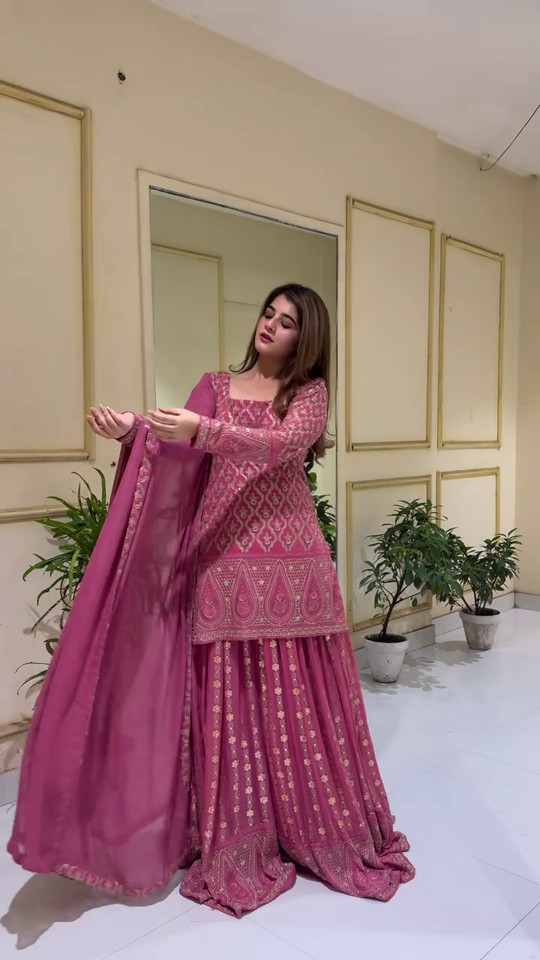 Elegant Mauve Sharara Suit Set with Heavy Embroidered Kurti, Intricate Zari and Sequin Work, and Matching Dupatta