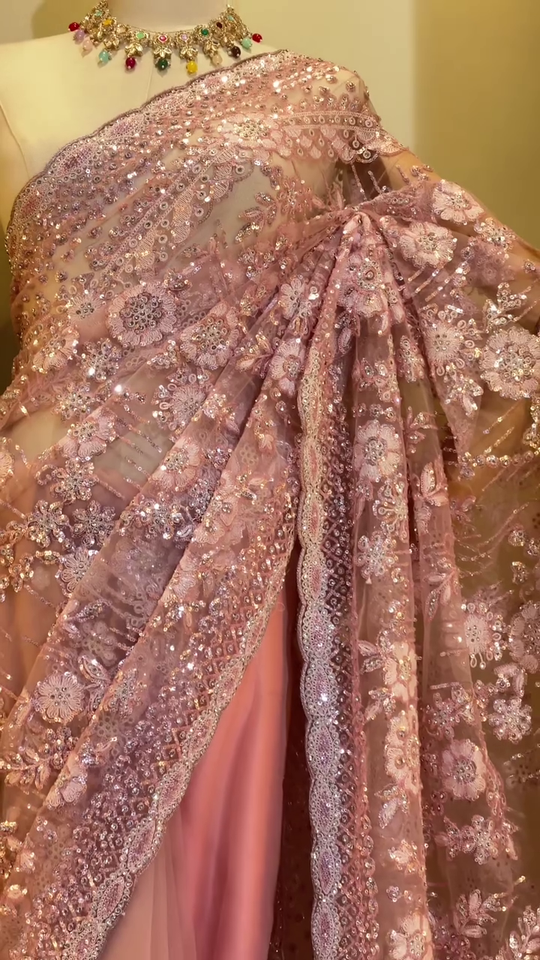 Designer Dusty Rose Pink Net Saree