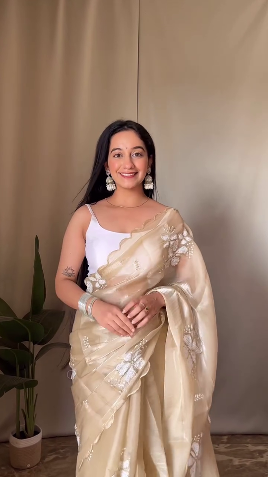Dual Tone Saree Combo Featuring Cream Organza Saree with Intricate White Floral Embroidery