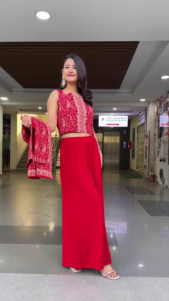 Stunning Three-Piece Traditional Red Co-Ord Set