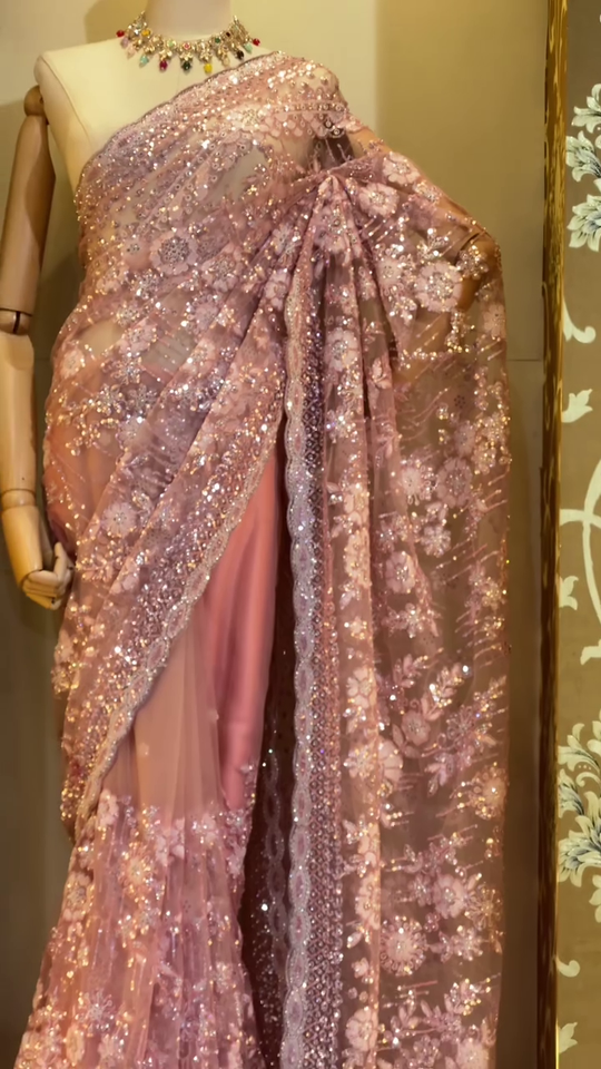 Designer Dusty Rose Pink Net Saree