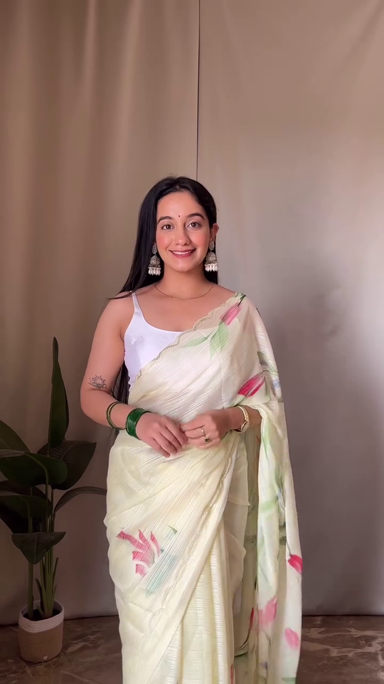 Dual Tone Saree Combo Featuring Cream Organza Saree with Intricate White Floral Embroidery