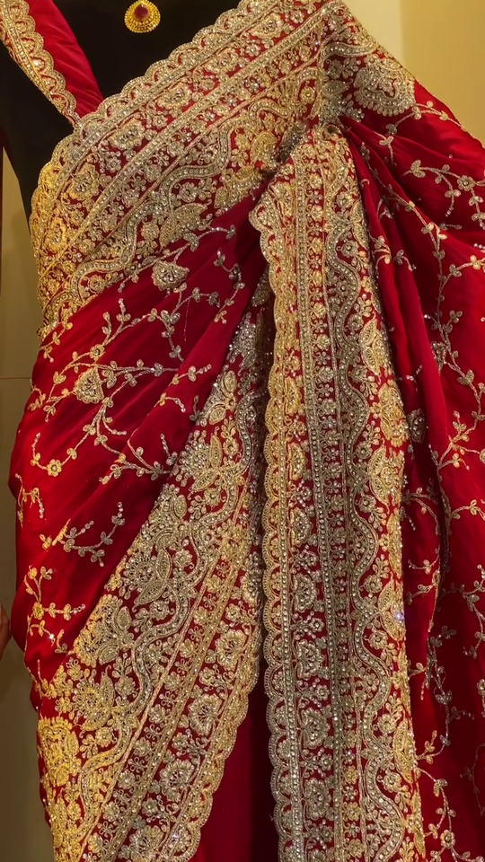 Bridal Wear Heavy Embroidered Red Velvet Saree