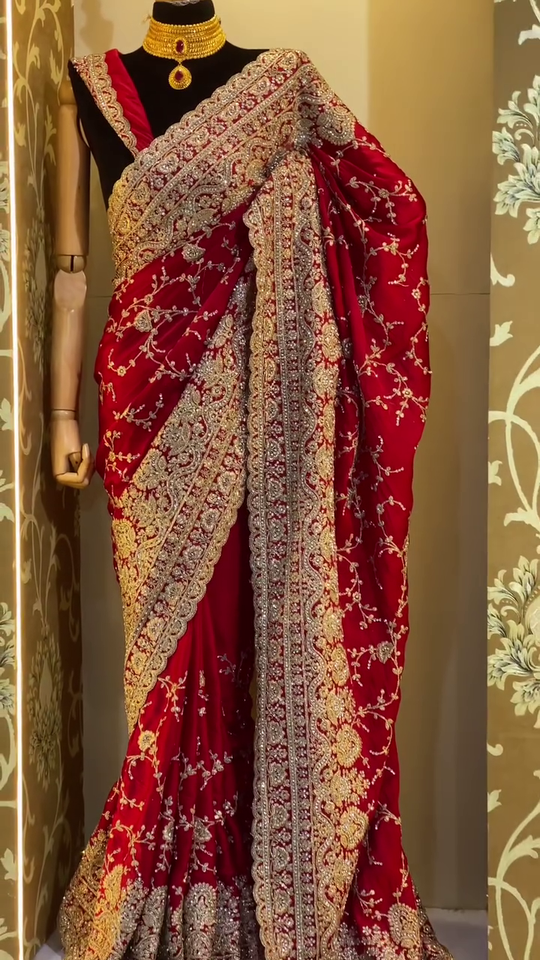 Bridal Wear Heavy Embroidered Red Velvet Saree