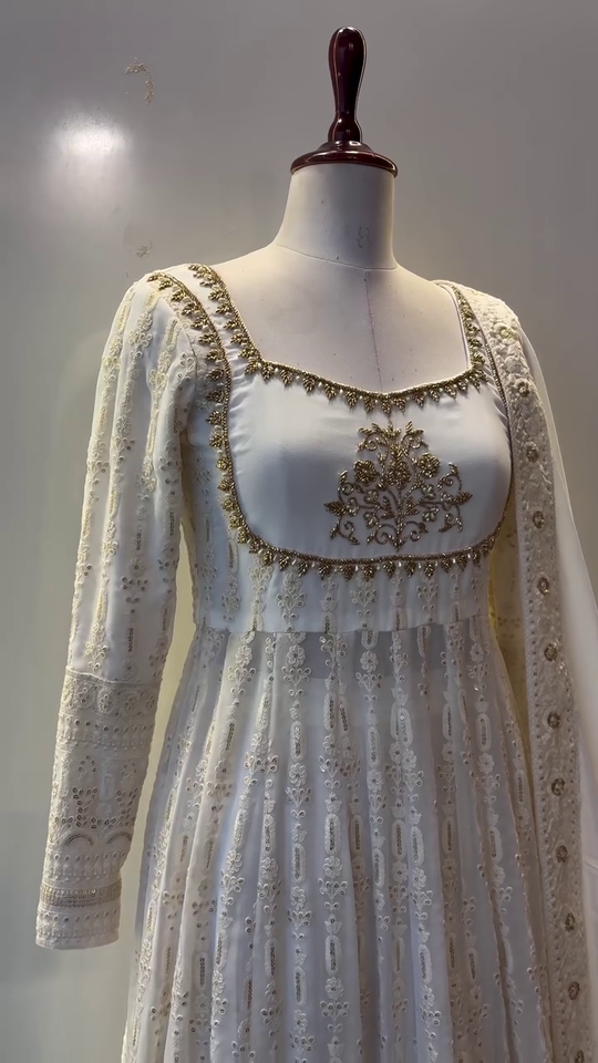 Off-White Georgette Anarkali Suit with Intricate Golden Embroidery