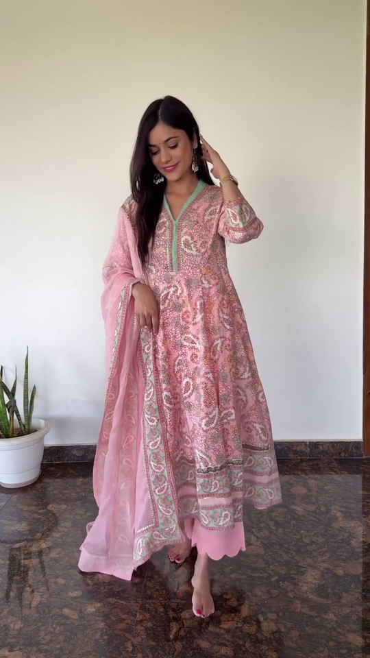Elegant Traditional Floral Printed Embroidered Anarkali Kurta