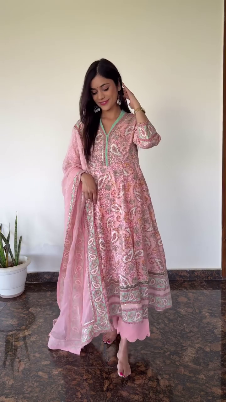 Elegant Traditional Floral Printed Embroidered Anarkali Kurta