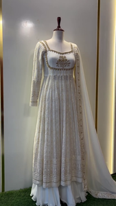 Off-White Georgette Anarkali Suit with Intricate Golden Embroidery